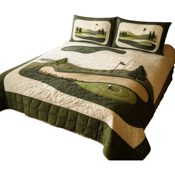 GSKKLQ Golf Themed Quilt Set, 3-Piece Bedding Comforter with Sports Pattern, Full Queen King Size Reversible Design, Themed Bedroom Decor