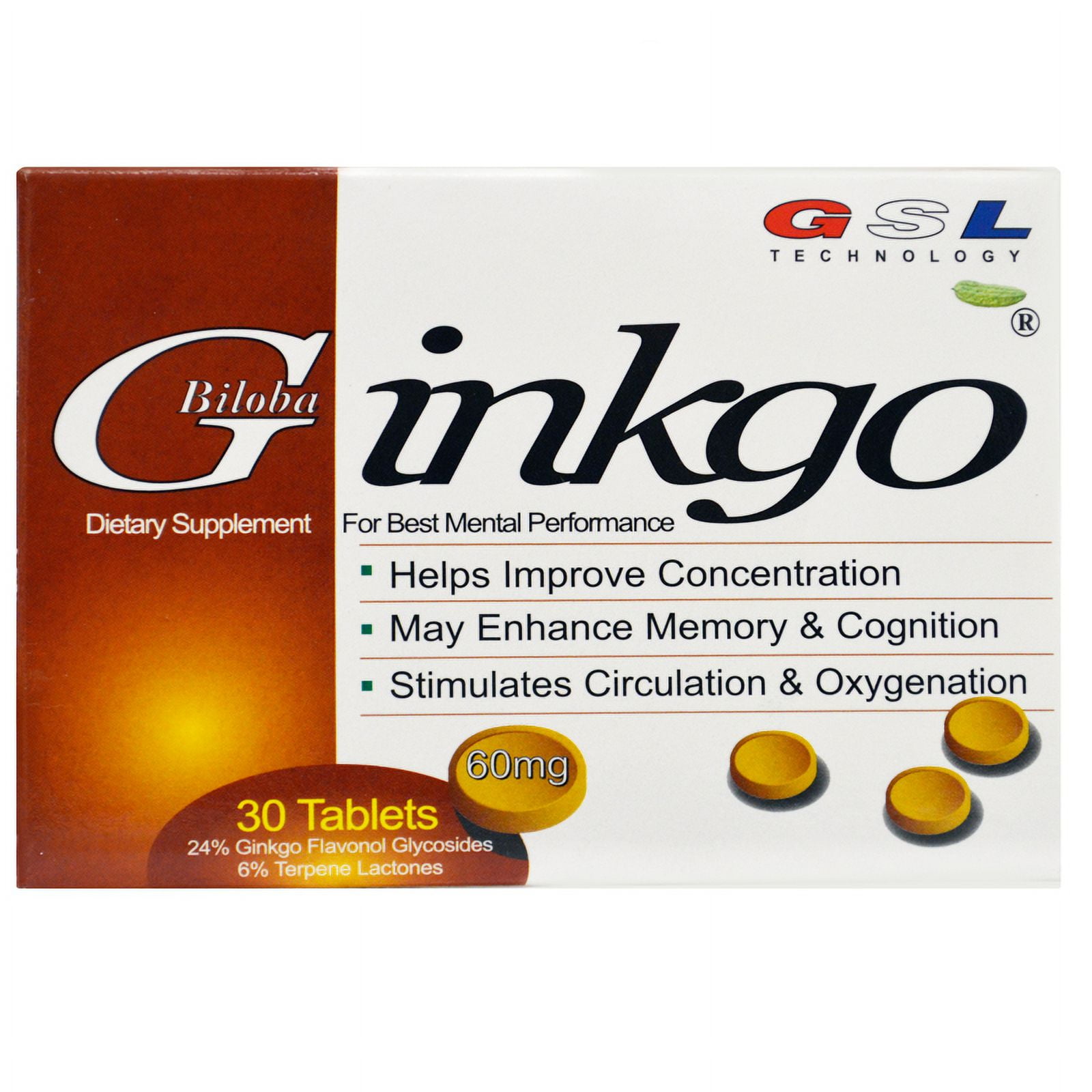 GSL Diet Supplement Ginkgo Biloba 60Mg 30 TB Helps Concentration