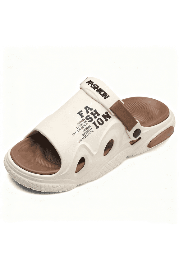 Men's Slide Sandals - EVA Lightweight Anti-Slip Sole, Breathable Post-Workout Comfort, Fashion Colorblock Indoor Outdoor Dual-Use Slipper, Beige US 6.5-7