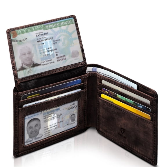 GSOIAX Premium Crazy Horse Leather Wallet for Men-Handcrafted Vintage Bifold Wallet with 11 Card Slots,2 ID Windows & 2 Cash Pockets,RFID Blocking,Gift ideas for Him(Dark Brown)