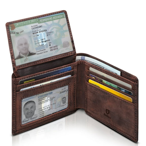 GSOIAX Premium Crazy Horse Leather Wallet for Men-Handcrafted Vintage Bifold Wallet with 11 Card Slots,2 ID Windows & 2 Cash Pockets,RFID Blocking,Gift ideas for Him(Reddish-brown)