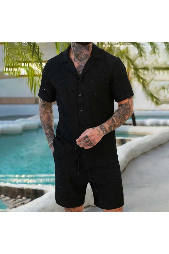 2 Piece Outfits Sets for Men Textured Shiny Button Up Shirt Streetwear Breathable Pants Suits for Cruise Party
