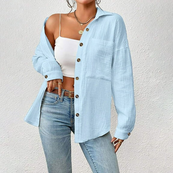 GSPCLAM Button Down Blouses for Women Tunic Loose Fitting Solid Color Blouse for Everyday Life Long Sleeve Turndown Collar Fall Breathable Outfits Blue XL