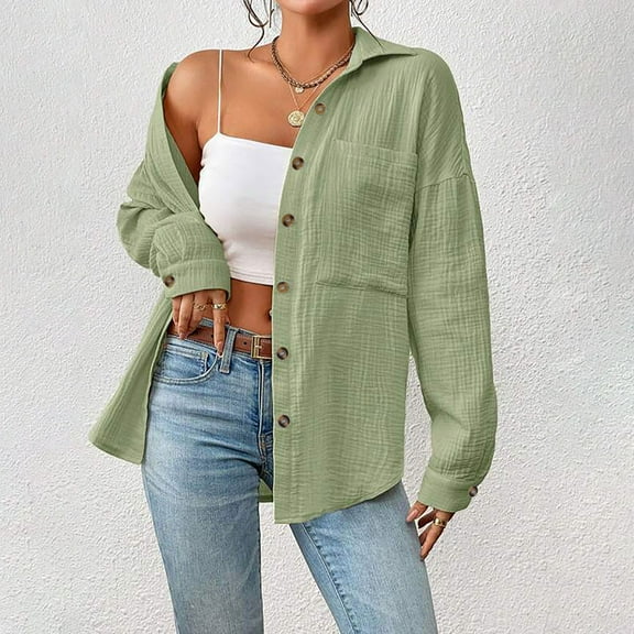 GSPCLAM Button Down Blouses for Women Tunic Loose Fitting Solid Color Blouse for Everyday Life Long Sleeve Turndown Collar Fall Breathable Outfits Green S