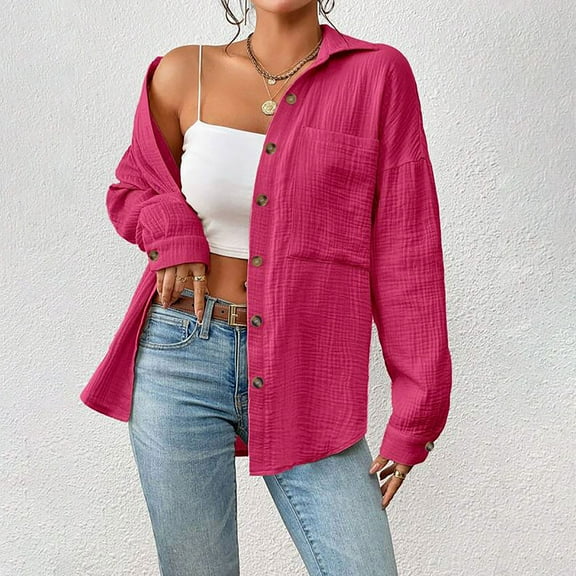 GSPCLAM Button Down Blouses for Women Tunic Loose Fitting Solid Color Blouse for Everyday Life Long Sleeve Turndown Collar Fall Breathable Outfits Hot Pink M