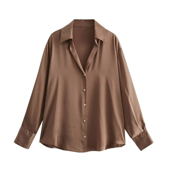 GSPCLAM Button Down Turndown Blouses for Women Turndown Collar Long Sleeve Solid Color Shirts for a Gift Fall Light Clothes Gold S