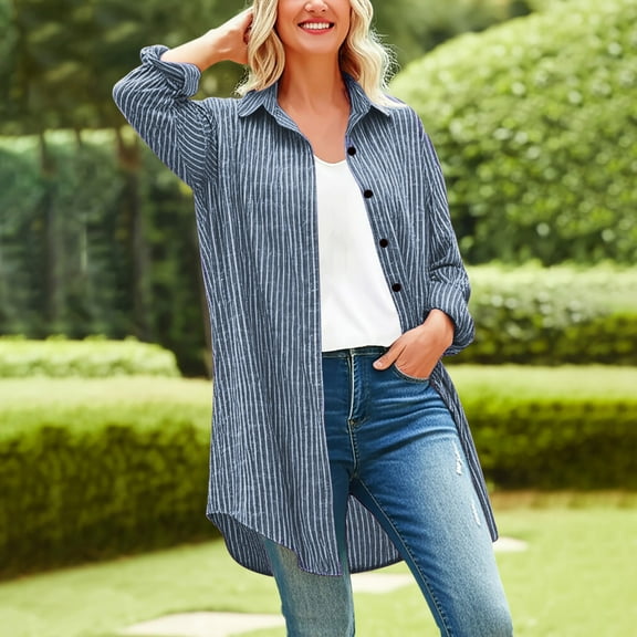 GSPCLAM Button Down Tops for Women Solid Color Loose Fit Tunic Tops for Out Going Turndown Collar Fall Button Down Long Sleeve Winter New Clothings Blue M