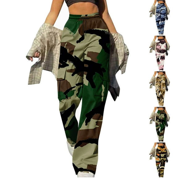 GSPCLAM Cargo Pants for Women Plus Size High Waisted Camo Pants Straight-Leg Drawstring Y2K Casual Streetwear with 6-Pockets