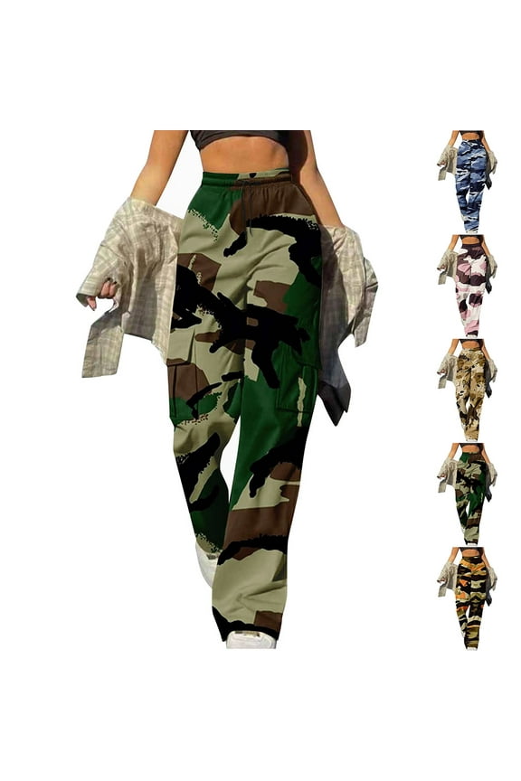 Cargo Pants for Women Plus Size High Waisted Camo Pants Straight-Leg Drawstring Y2K Casual Streetwear with 6-Pockets
