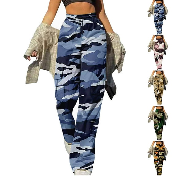 GSPCLAM Cargo Pants for Women Plus Size High Waisted Camo Pants Straight-Leg Drawstring Y2K Casual Streetwear with 6-Pockets