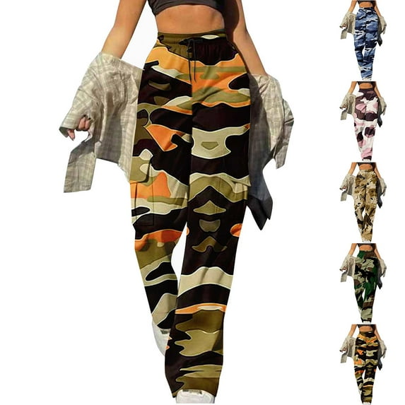 GSPCLAM Cargo Pants for Women Plus Size High Waisted Camo Pants Straight-Leg Drawstring Y2K Casual Streetwear with 6-Pockets