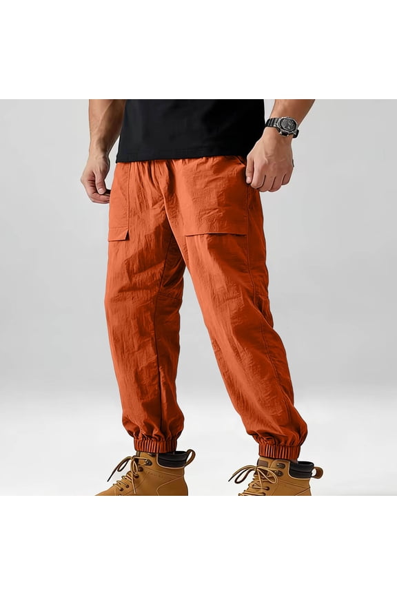 Cargo Pants for Men Solid Lightweight Tapered Extended Size Hiking Pants with Multiple Pockets City style Non-Restrictive Pants for Garden Work Orange S