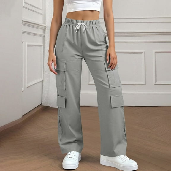 GSPCLAM Cargo Pants Women Elastic High Waisted Long Pants for Evreyday, Hiking, Straight Leg Casual Trousers Baggy Streetwear with Pockets