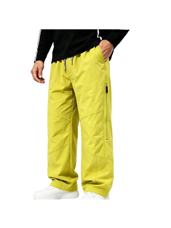 Cargo Pants for Men Lightweight Outdoor Mountain Climbing Windproof Pants Zipper Side Pockets Baggy Drawstring Pants Yellow M