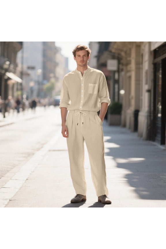 Casual Outfits Sets for Men 2 Piece Resort Wear Long Sleeve Linen Button Up Shirt Loose Drawstring Pants Suits for Island Party