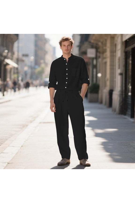 Casual Outfits Sets for Men 2 Piece Resort Wear Long Sleeve Linen Button Up Shirt Loose Drawstring Pants Suits for Island Party