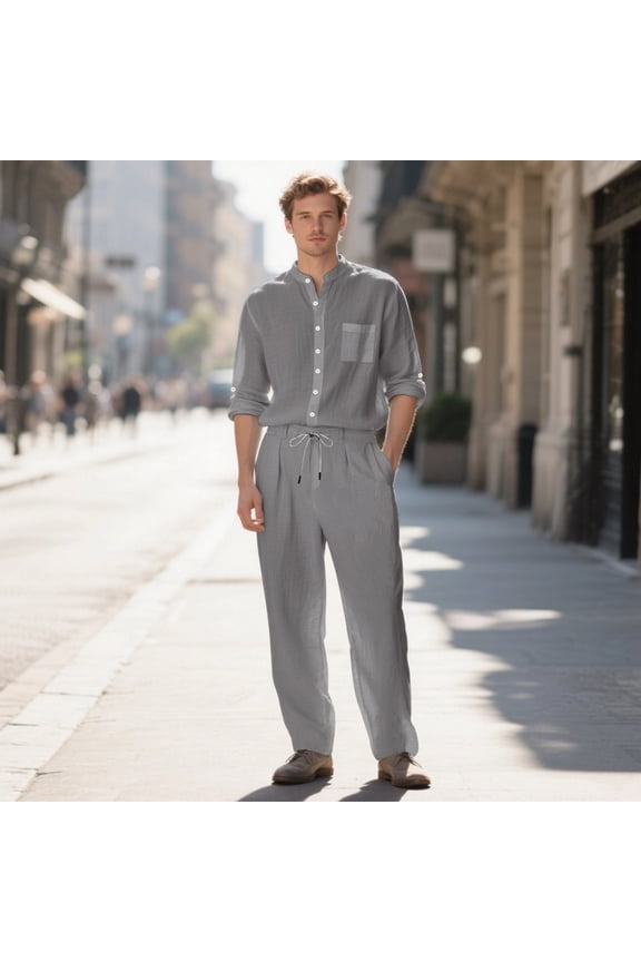 Casual Outfits Sets for Men 2 Piece Resort Wear Long Sleeve Linen Button Up Shirt Loose Drawstring Pants Suits for Island Party