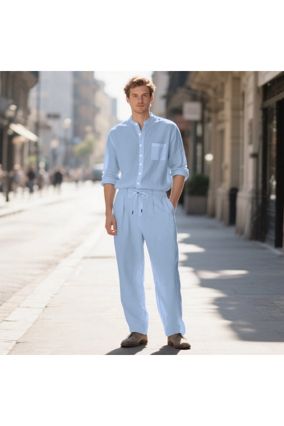 Casual Outfits Sets for Men 2 Piece Resort Wear Long Sleeve Linen Button Up Shirt Loose Drawstring Pants Suits for Island Party