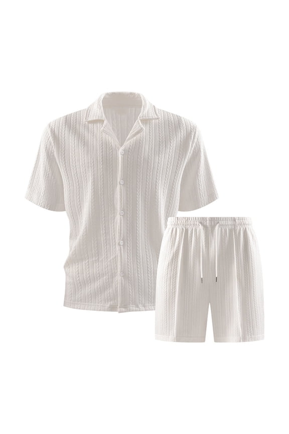 Casual Outfits Sets for Men 2 Piece Textured Jacquard Relaxed Fit Button Up Shirt Soft Touch Drawstring Shorts Suits for Cruise Holiday