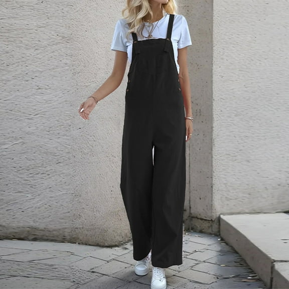 GSPCLAM Casual Overalls for Women Fall Solid Color Wide-Leg Jumpsuits with Pockets for Everyday Life Loose Fit Button 2025 New Trousers Black XL