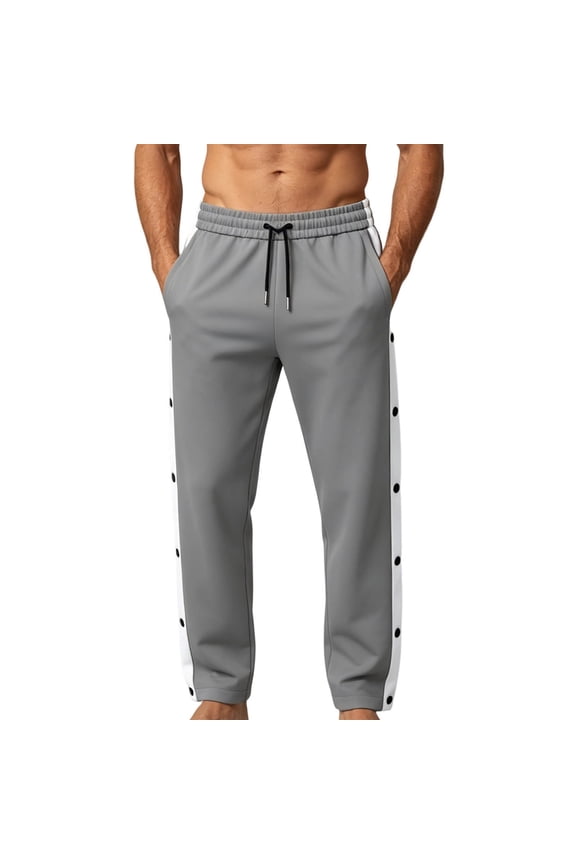 Casual Pants for Men Streetwear Color Block Lightweight Pants with Pockets Side Button Loose Drawstring Pants for Weekend Outing Gray S