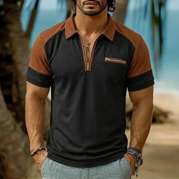 GSPCLAM Casual Polo for Men Lightweight Waffle Texture Shirts with Chest Zip Pockets, Classic Color Block Half Zip Tops for Office