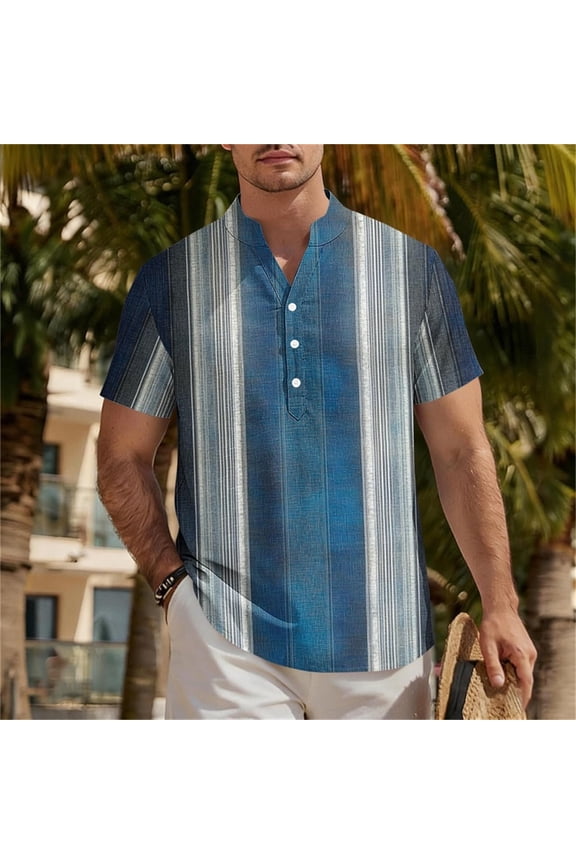 Casual T-Shirts for Men V-Neck Soft Gradient Stripe Short Sleeve Summer Beach T Shirts Big and Tall Half Button Front Daily Wear All-Day Comfort Top for Bonfire Party Navy XXXXL