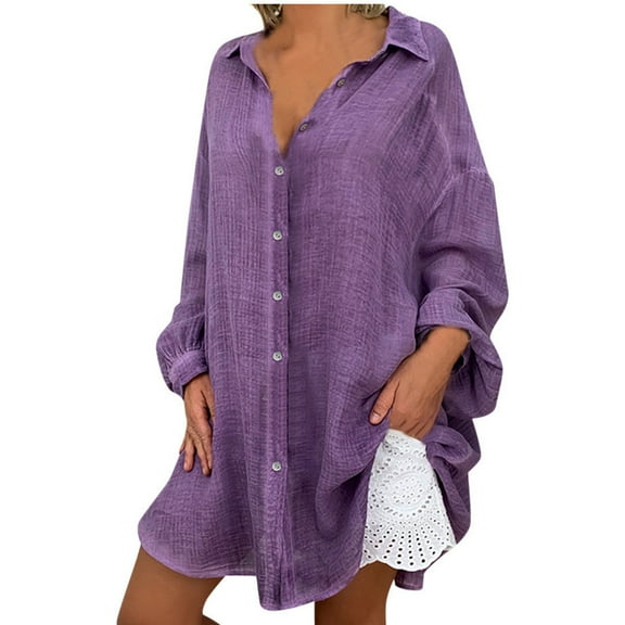 GSPCLAM Cotton Linen Blouses for Women Long Sleeve Solid Color Turndown Collar Plus Size Blouse for a Gift Button Down Fall Tunic Flowy Outfits Purple 3XL