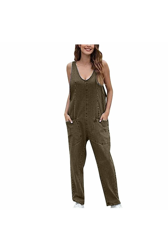 Denim Overalls for Women Fall Solid Color Straight Leg Overalls with Pockets for Walk Loose Fit Flowy Clothes Army Green M