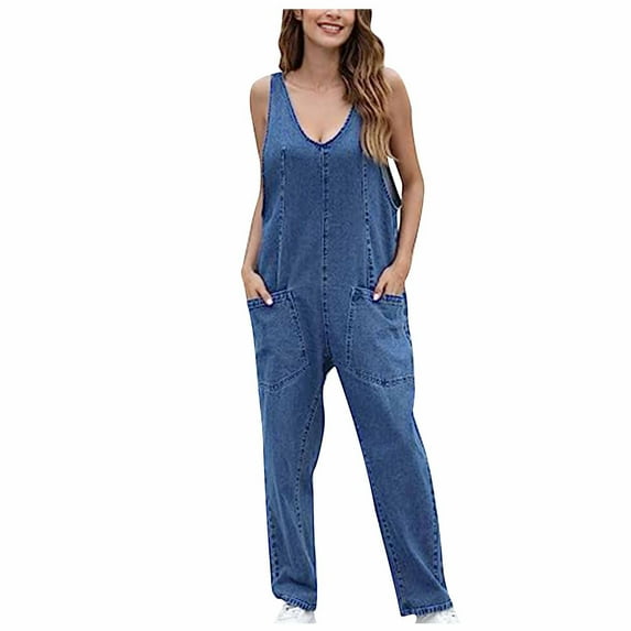 GSPCLAM Denim Overalls for Women Fall Solid Color Straight Leg Overalls with Pockets for Walk Loose Fit Flowy Clothes Dark Blue L