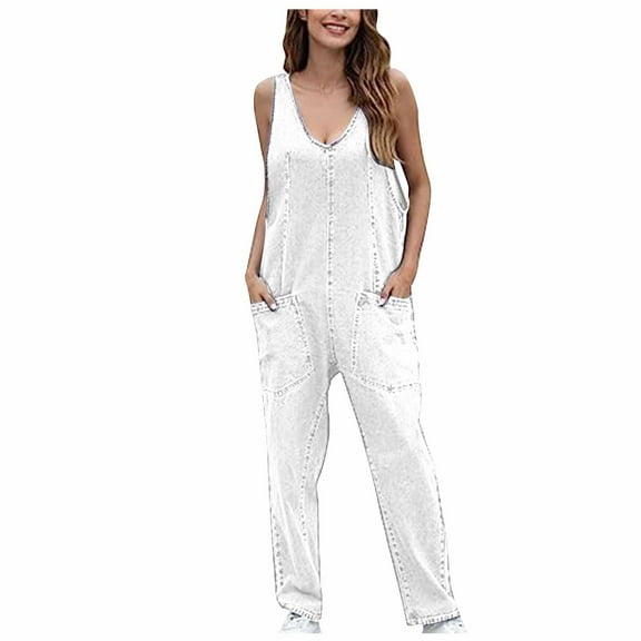 GSPCLAM Denim Overalls for Women Fall Solid Color Straight Leg Overalls with Pockets for Walk Loose Fit Flowy Clothes White L