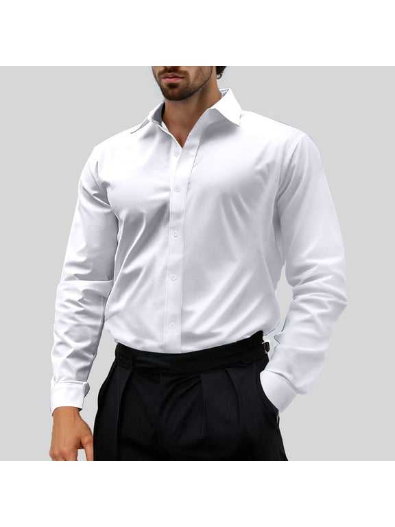 Dress Shirts for Men Solid Color Wedding Business Shirts Regular Fit Collared Button Down Shirts White XS