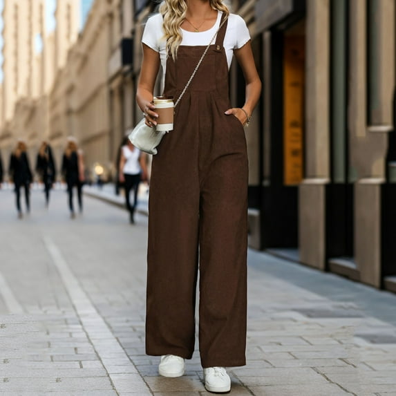 GSPCLAM Fleece Overalls for Women with Pockets Loose Fitting Solid Color Jumpsuits for Touring Fall Breathable Clothes Coffee XL