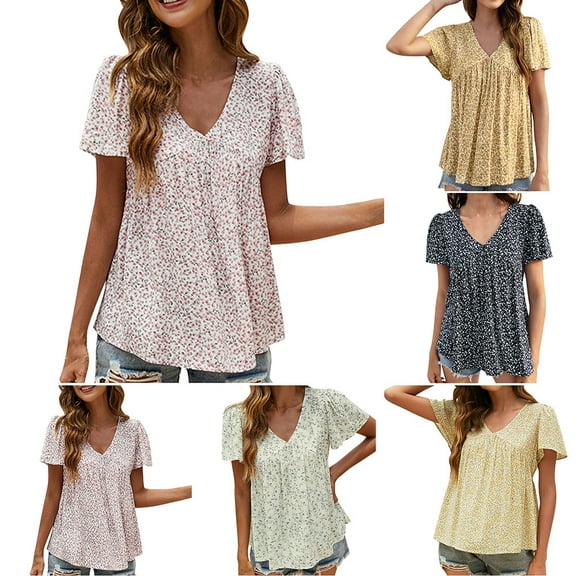 GSPCLAM Womens Floral Graphic T Shirts V Neck Short Sleeve Tops for Vacation Loose Fit Comfortable Summer Blouse Dressy Casual Red XL