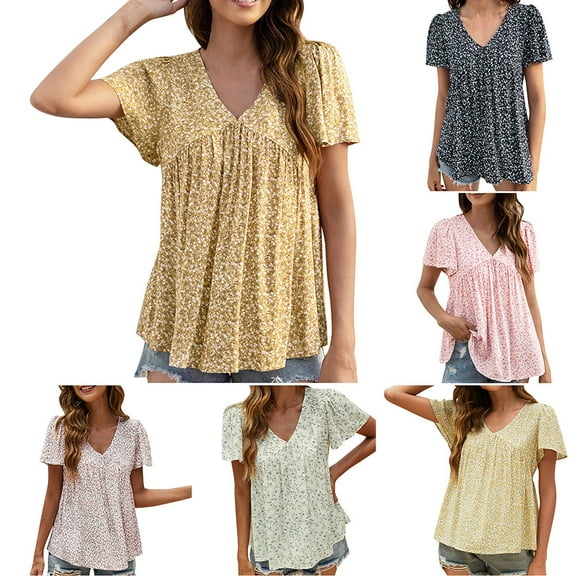 GSPCLAM Womens Floral Graphic T Shirts V Neck Short Sleeve Tops for Vacation Loose Fit Comfortable Summer Blouse Dressy Casual Yellow XL