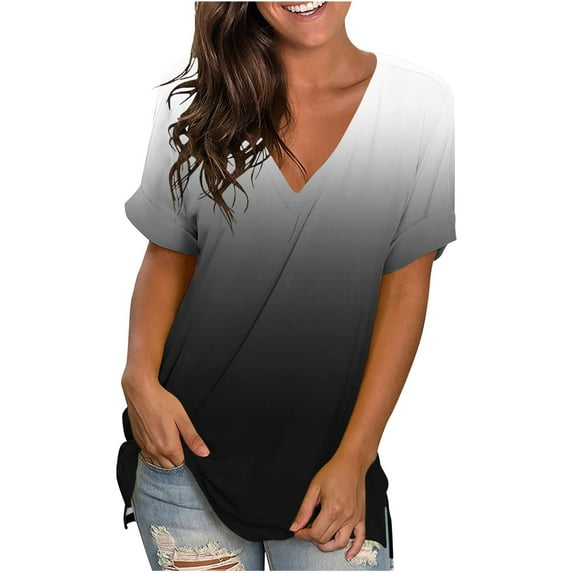 GSPCLAM GSPCLAM Womens Plus Lightweight Shirt V Neck Gradient Graphic Tees for Vacation Short Sleeve Breathable Fashion Tops and Blouses White 3XL