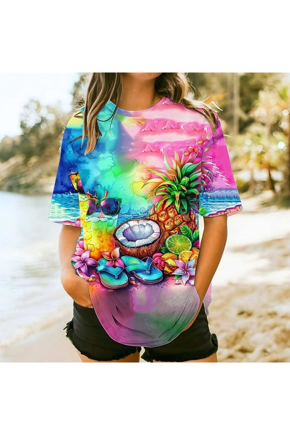 Hawaiian Shirts for Women Plus Size Crew Neck T Shirts for Beach Short Sleeve Summer Lightweight Tops and Blouses Dressy Casual Multicolor 5XL