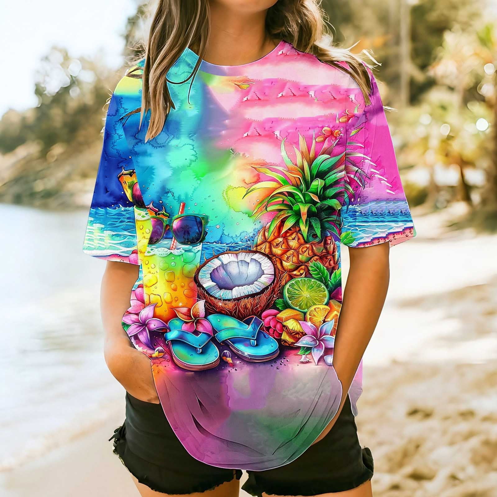 GSPCLAM Hawaiian Shirts for Women Plus Size Crew Neck T Shirts for