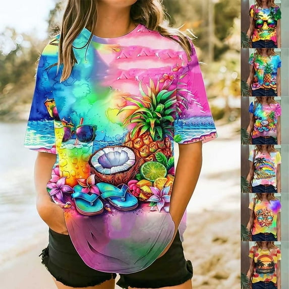 GSPCLAM Hawaiian Shirts for Women Plus Size Crew Neck T Shirts for Beach Short Sleeve Summer Lightweight Tops and Blouses Dressy Casual Multicolor XXL