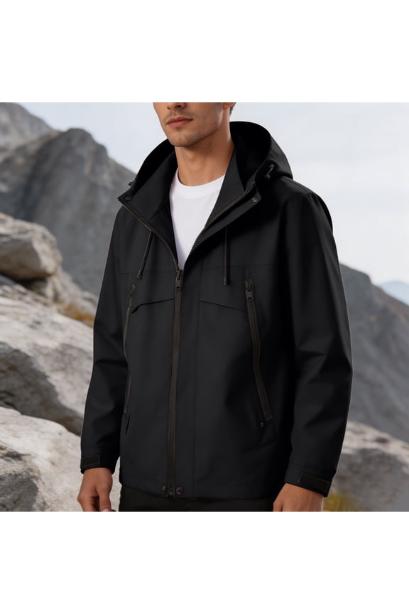 Jacket for Men Outdoor Windproof Loose Jacket with Zip Pockets Adventure Essential Easy Care Jacket for Hiking Black