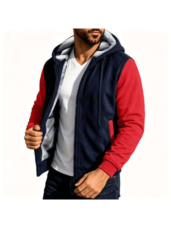 Jackets for Men Color-Block Long Sleeve Hooded Sweatshirt Jackets Winter Daily Thick Casual Hoodies Jacket Red XXL
