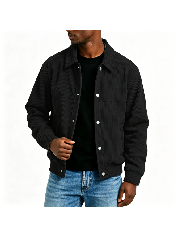 Jackets for Men Solid Color Long Sleeve Button Down Collared Shirt Jacket Winter Trendy Casual Jacket Black M
