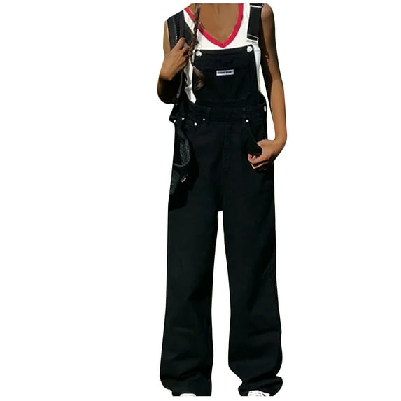 GSPCLAM Jean Overalls for Women Fall Solid Color Straight Leg Jumpsuits for Running Loose Soft Trousers Black L