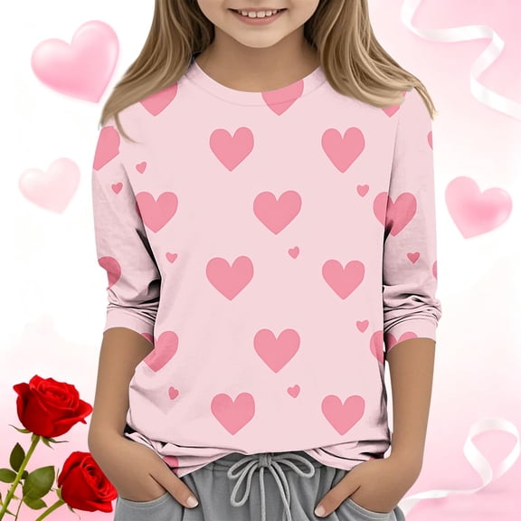 GSPCLAM Kids Heart Print Top Valentine's Day Pattern Round Neck 3/4 Sleeve Girls Boys T-Shirt for Holiday