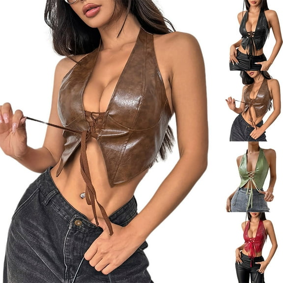 GSPCLAM Leather Halter Crop Tops for Women Sexy Deep V-Neck Blouse Lace Up Solid Color Sleeveless Casual Basic Favorable Summer Tops Brown S