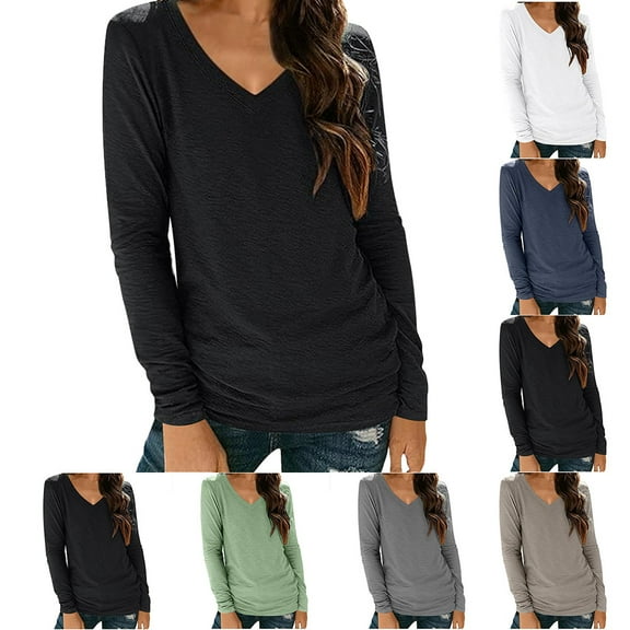 GSPCLAM Lightweight Plus Size Tshirt for Women V Neck Solid Color Tops for Holiday Long Sleeve Breathable Trendy Tops and Blouses Black M
