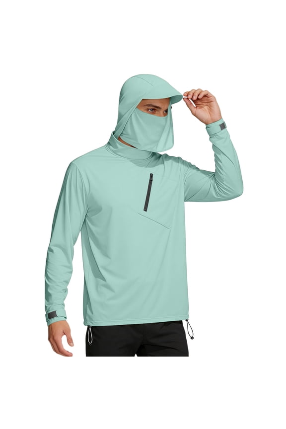 Lightweight UV Protection Hoodie for Men Built-in Face Mask Jackets with Zip Pockets Clean Fit Smooth Hand Jackets for Summer Travel