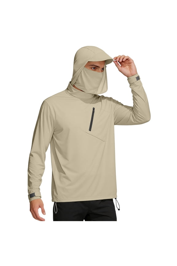 Lightweight UV Protection Hoodie for Men Built-in Face Mask Jackets with Zip Pockets Clean Fit Smooth Hand Jackets for Summer Travel