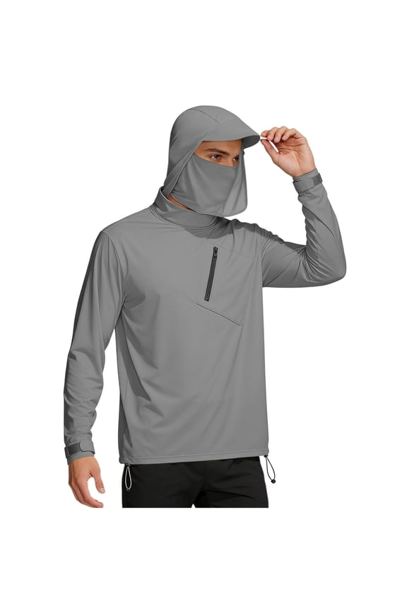 Lightweight UV Protection Hoodie for Men Built-in Face Mask Jackets with Zip Pockets Clean Fit Smooth Hand Jackets for Summer Travel
