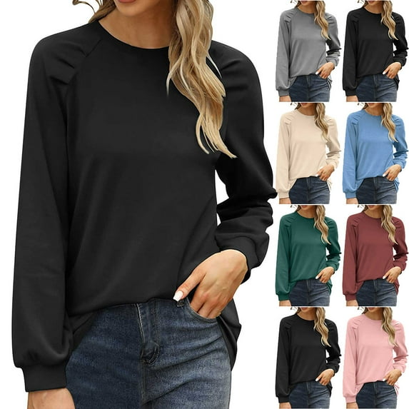 GSPCLAM Long Sleeve Blouse for Women Solid Color Crew Neck T Shirts for Vacation Summer Fall Soft Tops Blouses Dressy Casual Black L